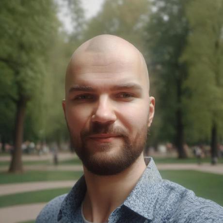 Portrait of bald man on blurry forest background.